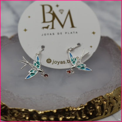 Aros Colibrí Esmaltado - Naturaleza y Elegancia en Plata