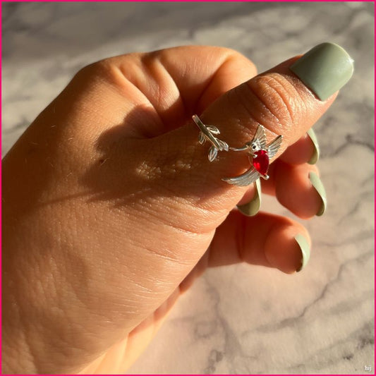 Anillo Colibrí con Zircón Rojo